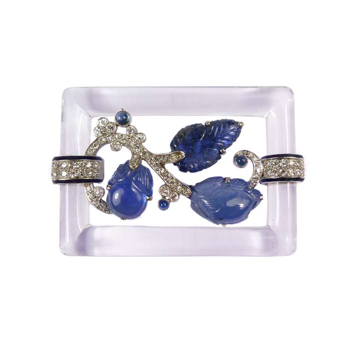 Carved sapphire, diamond and rock crystal rectangular brooch